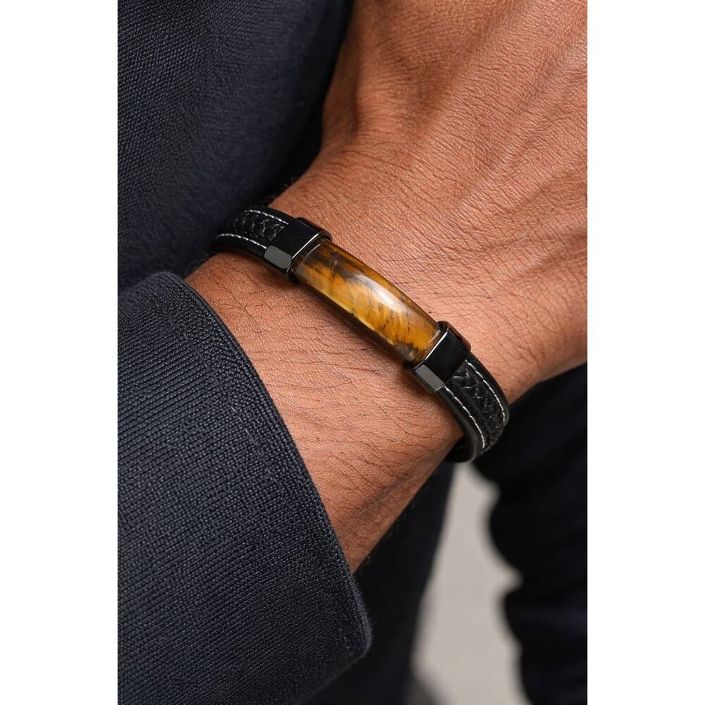 Men’s Tiger’s Eye Leather Bracelet Black Stainless Steel – New
